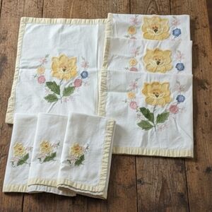 Vintage Handmade Embroidered Linen Dining Set, Wildflowers & Poppies